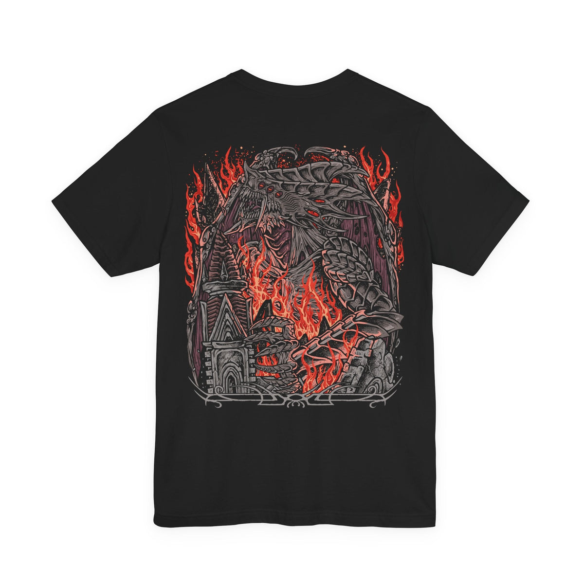 Image 5 of a Double-sided Demon's Souls T-shirt featuring the Dragon God, a gigantic ancient Archdemon with blazing eyes and a monstrous dragon-like body, inspired by the Underground Temple and the legendary boss battle beneath Stonefang.