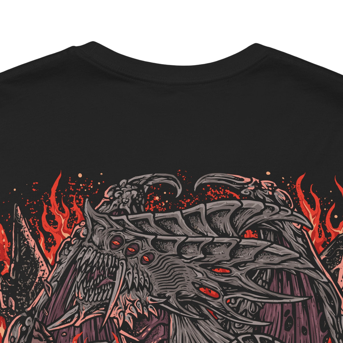 Image 7 of a Double-sided Demon's Souls T-shirt featuring the Dragon God, a gigantic ancient Archdemon with blazing eyes and a monstrous dragon-like body, inspired by the Underground Temple and the legendary boss battle beneath Stonefang.