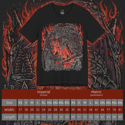 Size chart of a Double-sided Demon's Souls T-shirt featuring the Dragon God, a gigantic ancient Archdemon with blazing eyes and a monstrous dragon-like body, inspired by the Underground Temple and the legendary boss battle beneath Stonefang.
