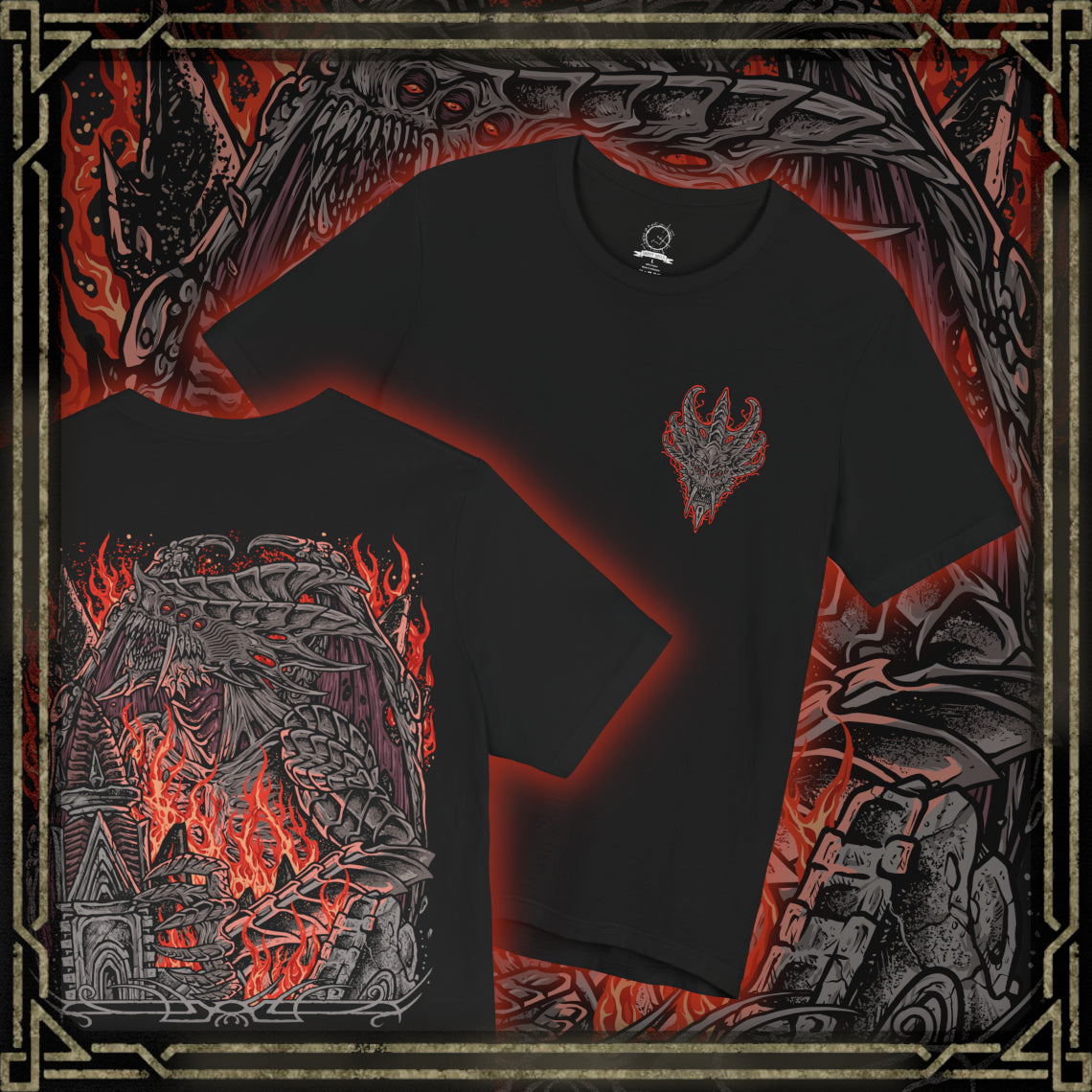 Thumbnail of a Double-sided Demon's Souls T-shirt featuring the Dragon God, a gigantic ancient Archdemon with blazing eyes and a monstrous dragon-like body, inspired by the Underground Temple and the legendary boss battle beneath Stonefang.