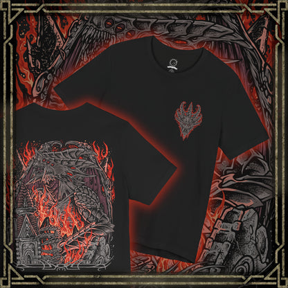 Thumbnail of a Double-sided Demon's Souls T-shirt featuring the Dragon God, a gigantic ancient Archdemon with blazing eyes and a monstrous dragon-like body, inspired by the Underground Temple and the legendary boss battle beneath Stonefang.