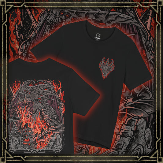 Thumbnail of a Double-sided Demon's Souls T-shirt featuring the Dragon God, a gigantic ancient Archdemon with blazing eyes and a monstrous dragon-like body, inspired by the Underground Temple and the legendary boss battle beneath Stonefang.