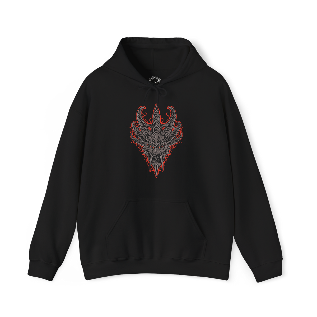 Image 4 of a Demon's Souls hooded sweatshirt featuring the Dragon God, the gigantic Archdemon from the Underground Temple, showcasing its monstrous dragon-like appearance, blazing eyes, and overwhelming power in dark fantasy artwork.