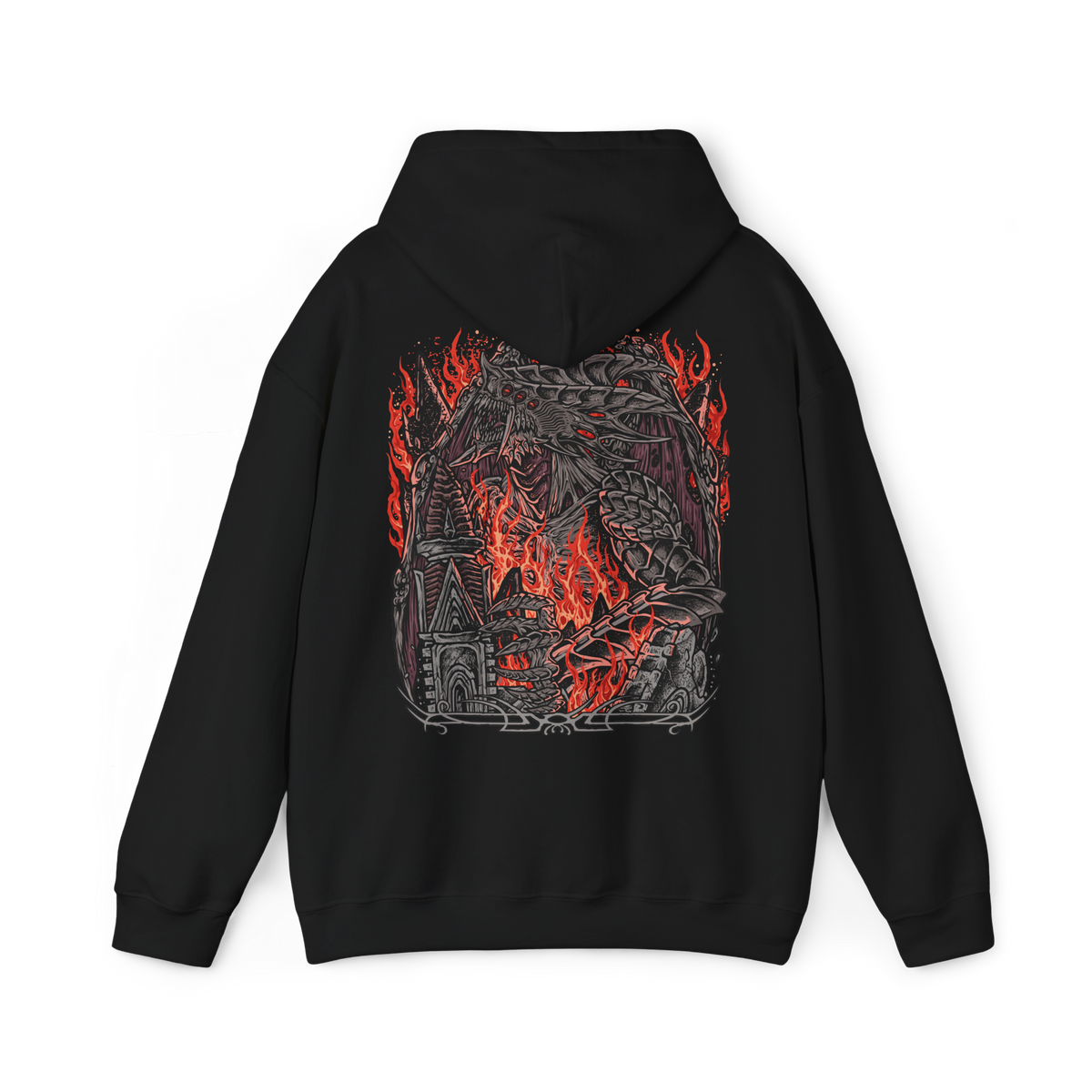 Image 5 of a Demon's Souls hooded sweatshirt featuring the Dragon God, the gigantic Archdemon from the Underground Temple, showcasing its monstrous dragon-like appearance, blazing eyes, and overwhelming power in dark fantasy artwork.