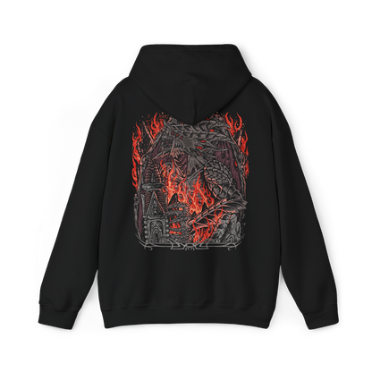 Image 5 of a Demon's Souls hooded sweatshirt featuring the Dragon God, the gigantic Archdemon from the Underground Temple, showcasing its monstrous dragon-like appearance, blazing eyes, and overwhelming power in dark fantasy artwork.
