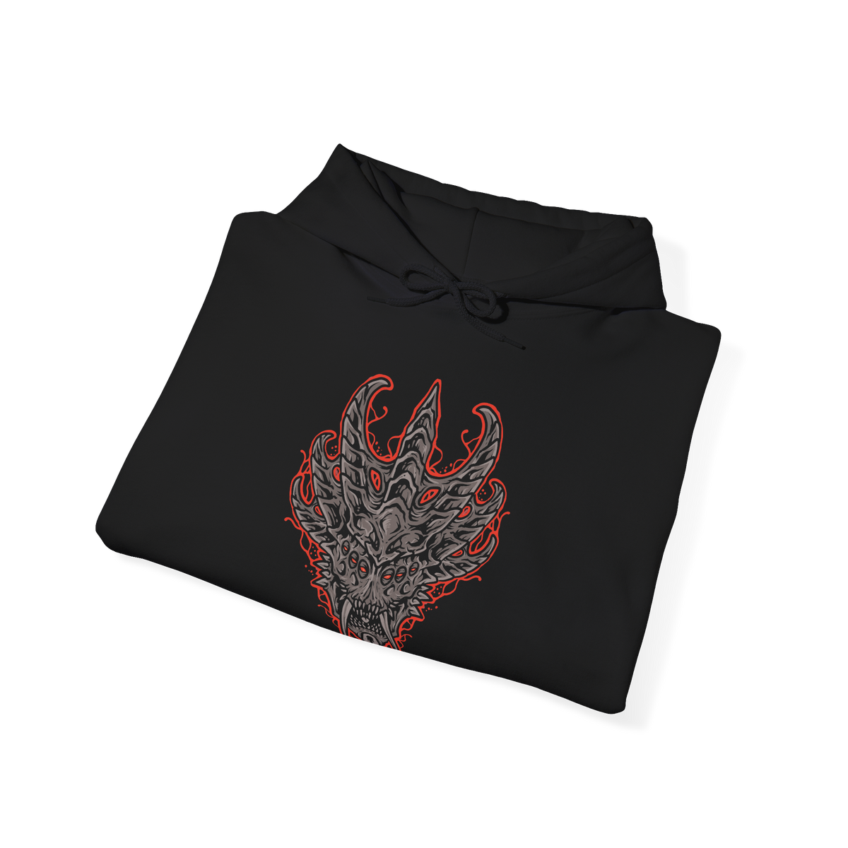 Image 6 of a Demon's Souls hooded sweatshirt featuring the Dragon God, the gigantic Archdemon from the Underground Temple, showcasing its monstrous dragon-like appearance, blazing eyes, and overwhelming power in dark fantasy artwork.