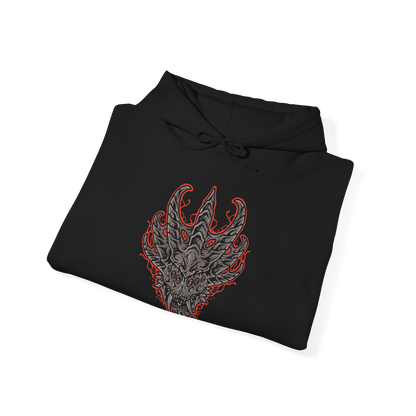 Image 6 of a Demon's Souls hooded sweatshirt featuring the Dragon God, the gigantic Archdemon from the Underground Temple, showcasing its monstrous dragon-like appearance, blazing eyes, and overwhelming power in dark fantasy artwork.