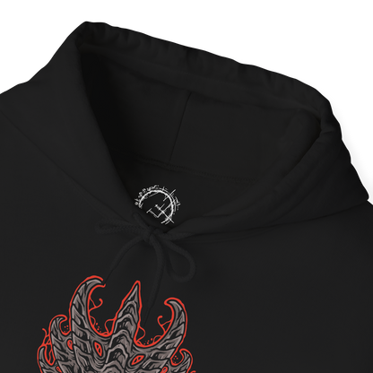 Folded Demon's Souls hooded sweatshirt featuring the Dragon God, the gigantic Archdemon from the Underground Temple, showcasing its monstrous dragon-like appearance, blazing eyes, and overwhelming power in dark fantasy artwork.