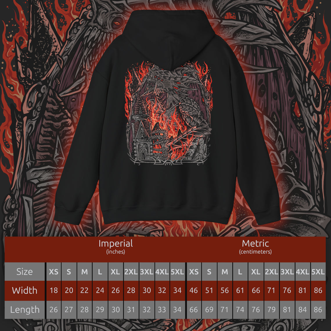 Size chart of a Demon's Souls hooded sweatshirt featuring the Dragon God, the gigantic Archdemon from the Underground Temple, showcasing its monstrous dragon-like appearance, blazing eyes, and overwhelming power in dark fantasy artwork.