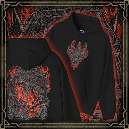 Thumbnail of a Demon's Souls hooded sweatshirt featuring the Dragon God, the gigantic Archdemon from the Underground Temple, showcasing its monstrous dragon-like appearance, blazing eyes, and overwhelming power in dark fantasy artwork.