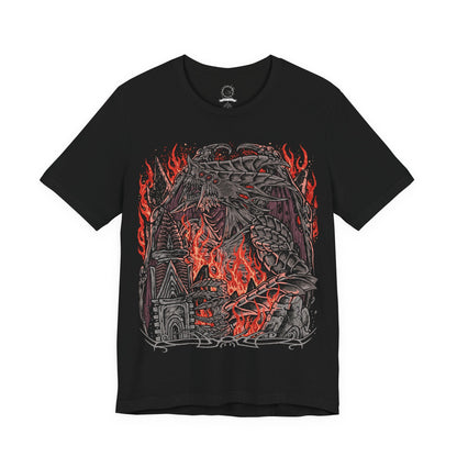 Image 4 of a Demon's Souls T-shirt featuring the Dragon God, the colossal Archdemon from the Underground Temple, displaying its monstrous dragon-like appearance, blazing eyes, and terrifying presence inspired by the legendary boss encounter.