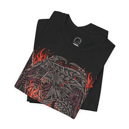 Image 5 of a Demon's Souls T-shirt featuring the Dragon God, the colossal Archdemon from the Underground Temple, displaying its monstrous dragon-like appearance, blazing eyes, and terrifying presence inspired by the legendary boss encounter.