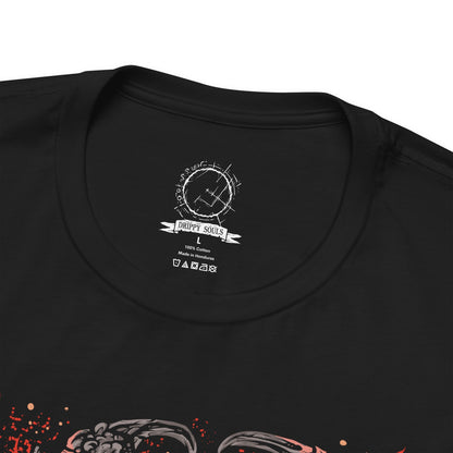 Folded Demon's Souls T-shirt featuring the Dragon God, the colossal Archdemon from the Underground Temple, displaying its monstrous dragon-like appearance, blazing eyes, and terrifying presence inspired by the legendary boss encounter.
