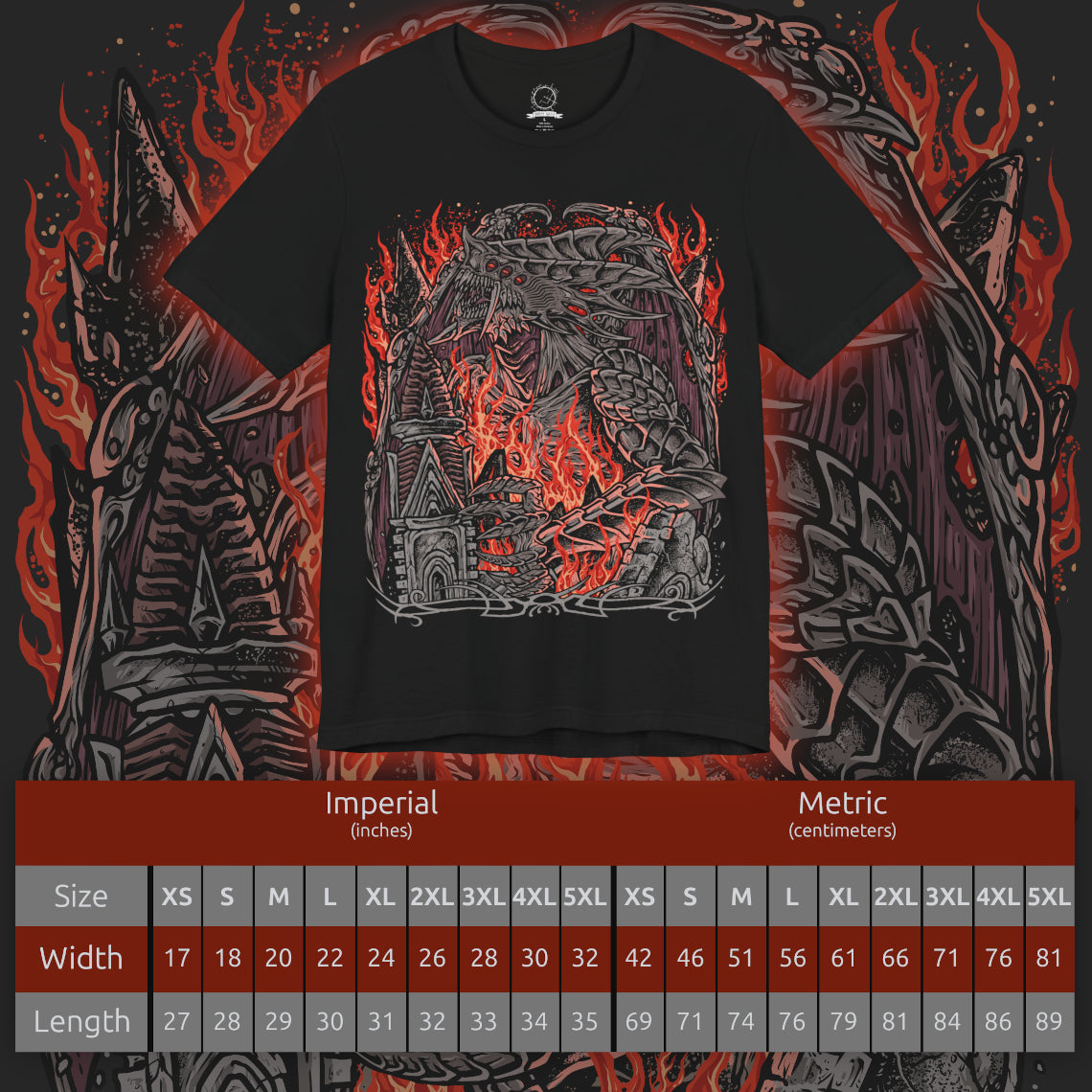 Size chart of a Demon's Souls T-shirt featuring the Dragon God, the colossal Archdemon from the Underground Temple, displaying its monstrous dragon-like appearance, blazing eyes, and terrifying presence inspired by the legendary boss encounter.