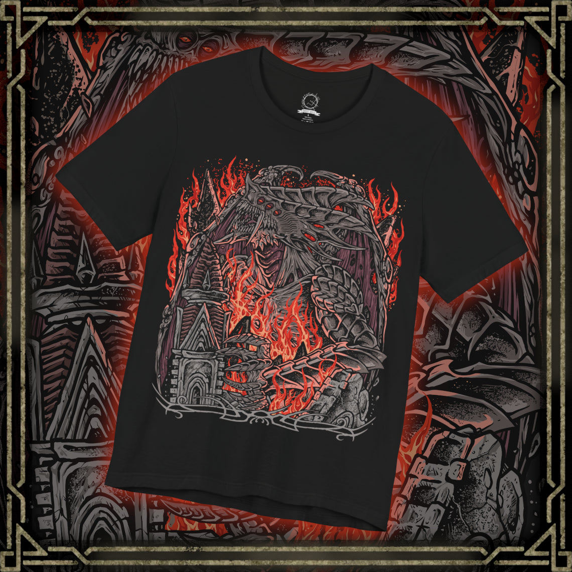 Thumbnail of a Demon's Souls T-shirt featuring the Dragon God, the colossal Archdemon from the Underground Temple, displaying its monstrous dragon-like appearance, blazing eyes, and terrifying presence inspired by the legendary boss encounter.