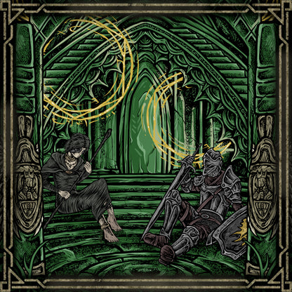 Artwork of Demons Souls Nexus. Within the Nexus, the Maiden in Black guides the Slayer of Demons through the power of souls, while nameless warriors stand as reminders of the countless lives consumed by the Old One's awakening. Surrounded by ancient stone, fading light, and an atmosphere of quiet despair, this artwork brings together the Maiden's mysterious presence and a nameless knight, embodying the sacrifice, solitude, and dark beauty of Demon's Souls.