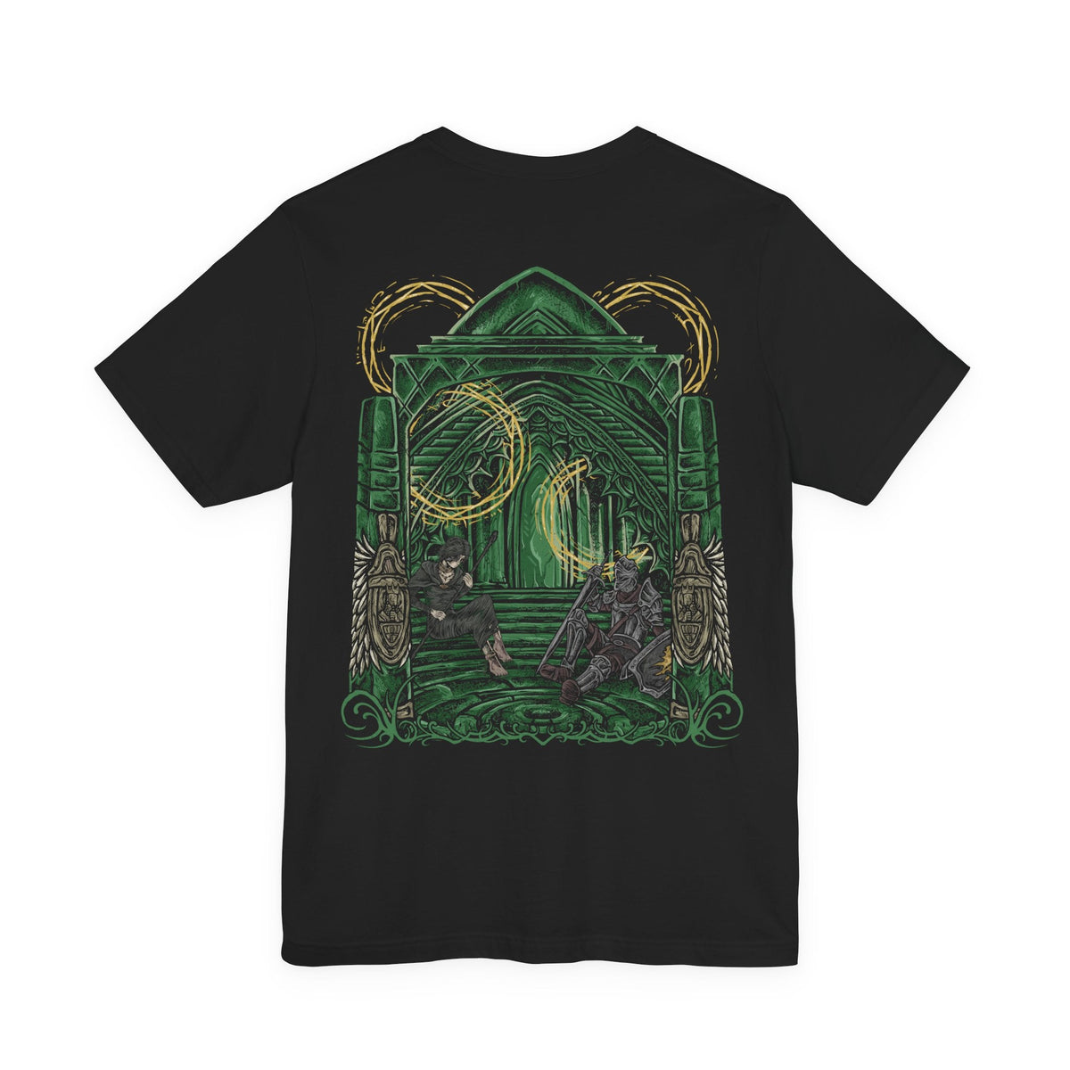 Image 5 of a Double-sided Demon's Souls T-shirt featuring the Maiden in Black and a nameless knight from the Nexus, with atmospheric dark fantasy artwork inspired by the cursed kingdom of Boletaria and the ancient evil beneath its fog-covered lands.