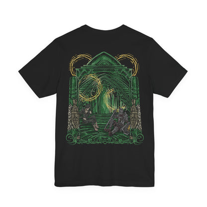 Image 5 of a Double-sided Demon's Souls T-shirt featuring the Maiden in Black and a nameless knight from the Nexus, with atmospheric dark fantasy artwork inspired by the cursed kingdom of Boletaria and the ancient evil beneath its fog-covered lands.