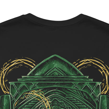 Image 7 of a Double-sided Demon's Souls T-shirt featuring the Maiden in Black and a nameless knight from the Nexus, with atmospheric dark fantasy artwork inspired by the cursed kingdom of Boletaria and the ancient evil beneath its fog-covered lands.