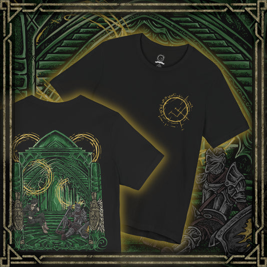 Thumbnail of a Double-sided Demon's Souls T-shirt featuring the Maiden in Black and a nameless knight from the Nexus, with atmospheric dark fantasy artwork inspired by the cursed kingdom of Boletaria and the ancient evil beneath its fog-covered lands.