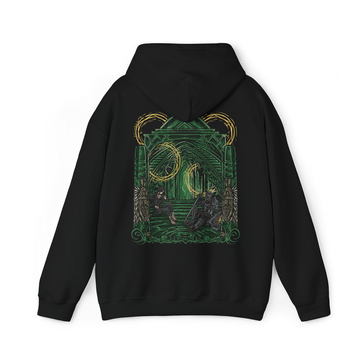 Image 5 of a Demon's Souls hooded sweatshirt featuring the Maiden in Black and a nameless knight in the Nexus, showcasing haunting dark fantasy artwork inspired by Boletaria, the Slayer of Demons, and the mysterious sanctuary from FromSoftware's iconic game.