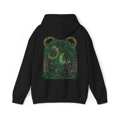 Image 5 of a Demon's Souls hooded sweatshirt featuring the Maiden in Black and a nameless knight in the Nexus, showcasing haunting dark fantasy artwork inspired by Boletaria, the Slayer of Demons, and the mysterious sanctuary from FromSoftware's iconic game.