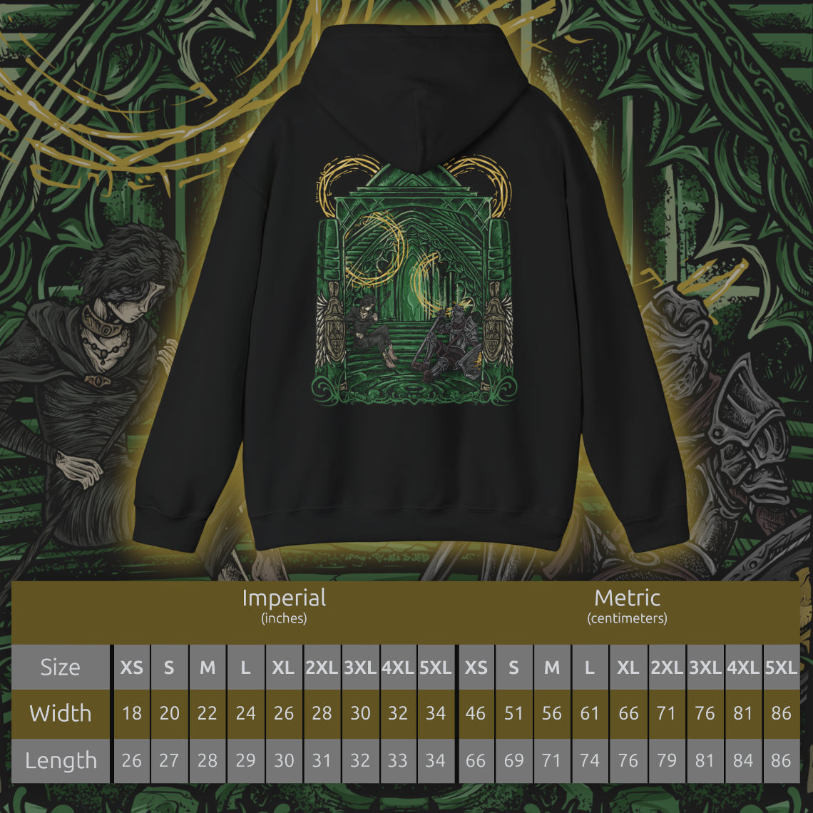 Size chart of a Demon's Souls hooded sweatshirt featuring the Maiden in Black and a nameless knight in the Nexus, showcasing haunting dark fantasy artwork inspired by Boletaria, the Slayer of Demons, and the mysterious sanctuary from FromSoftware's iconic game.