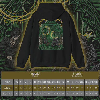 Size chart of a Demon's Souls hooded sweatshirt featuring the Maiden in Black and a nameless knight in the Nexus, showcasing haunting dark fantasy artwork inspired by Boletaria, the Slayer of Demons, and the mysterious sanctuary from FromSoftware's iconic game.