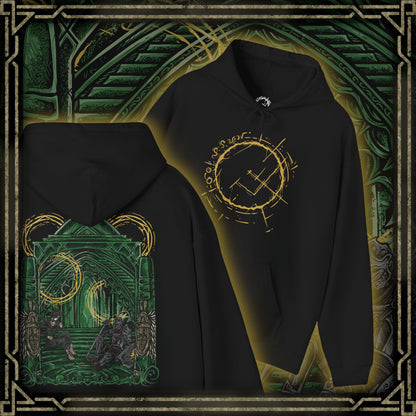 Thumbnail of a Demon's Souls hooded sweatshirt featuring the Maiden in Black and a nameless knight in the Nexus, showcasing haunting dark fantasy artwork inspired by Boletaria, the Slayer of Demons, and the mysterious sanctuary from FromSoftware's iconic game.