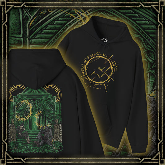 Thumbnail of a Demon's Souls hooded sweatshirt featuring the Maiden in Black and a nameless knight in the Nexus, showcasing haunting dark fantasy artwork inspired by Boletaria, the Slayer of Demons, and the mysterious sanctuary from FromSoftware's iconic game.
