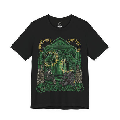 Image 4 of a Demon's Souls T-shirt featuring the Maiden in Black and a nameless knight in the mysterious Nexus, with dark fantasy imagery inspired by Boletaria, ancient stone architecture, and the haunting atmosphere of FromSoftware's original Souls game.