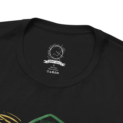 Folded Demon's Souls T-shirt featuring the Maiden in Black and a nameless knight in the mysterious Nexus, with dark fantasy imagery inspired by Boletaria, ancient stone architecture, and the haunting atmosphere of FromSoftware's original Souls game.