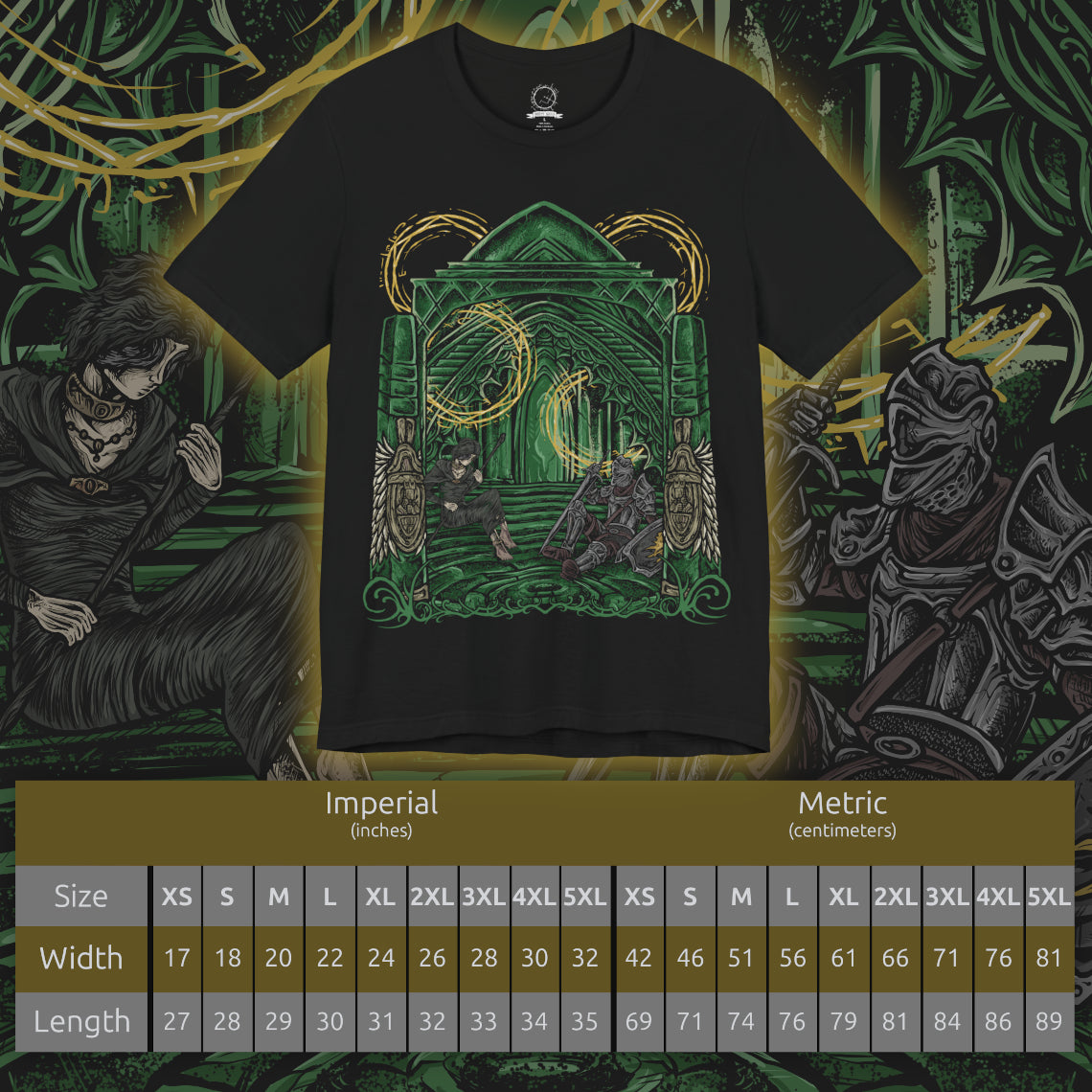Size chart of a Demon's Souls T-shirt featuring the Maiden in Black and a nameless knight in the mysterious Nexus, with dark fantasy imagery inspired by Boletaria, ancient stone architecture, and the haunting atmosphere of FromSoftware's original Souls game.