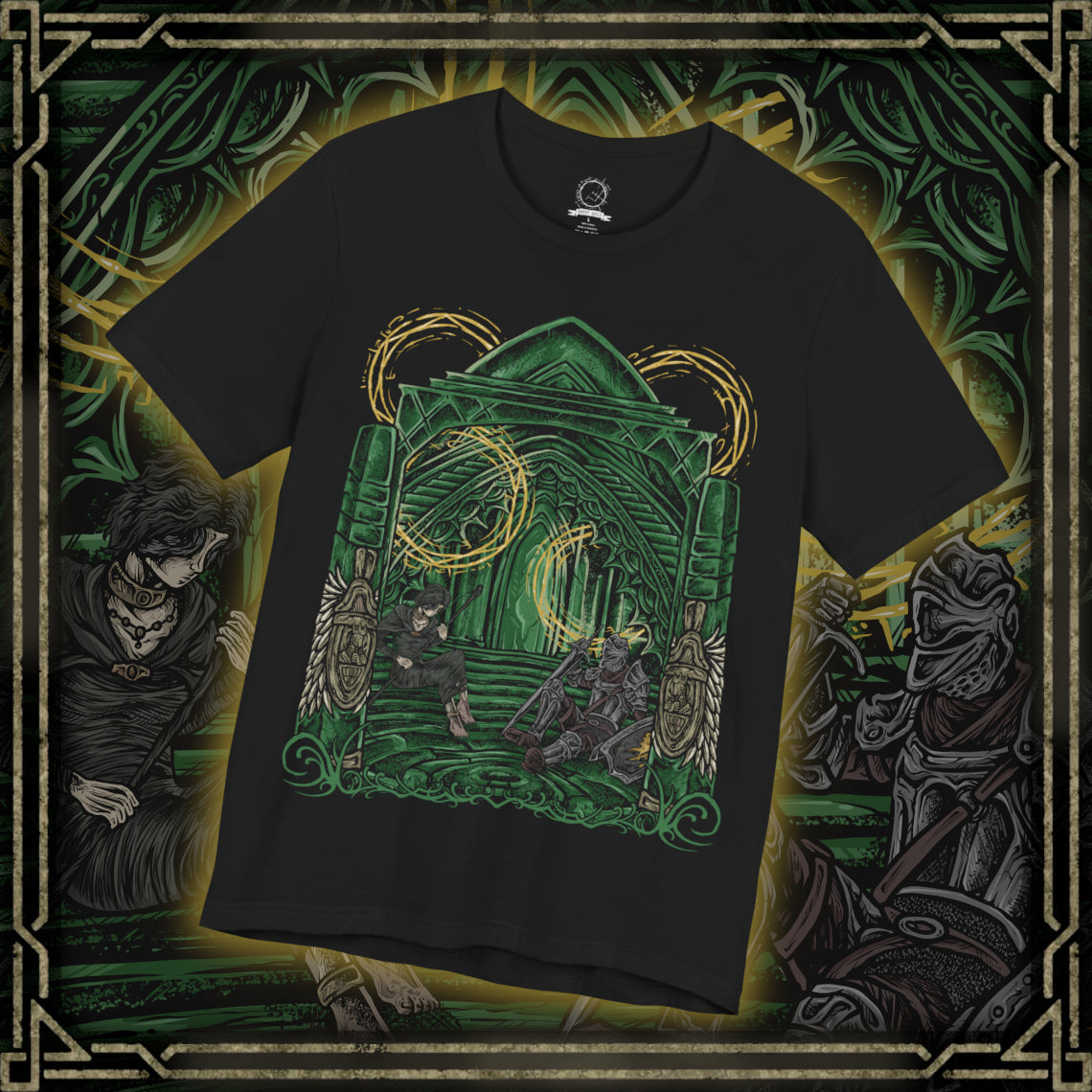 Thumbnail of a Demon's Souls T-shirt featuring the Maiden in Black and a nameless knight in the mysterious Nexus, with dark fantasy imagery inspired by Boletaria, ancient stone architecture, and the haunting atmosphere of FromSoftware's original Souls game.