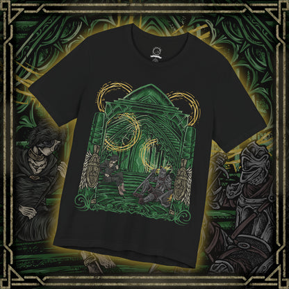 Thumbnail of a Demon's Souls T-shirt featuring the Maiden in Black and a nameless knight in the mysterious Nexus, with dark fantasy imagery inspired by Boletaria, ancient stone architecture, and the haunting atmosphere of FromSoftware's original Souls game.