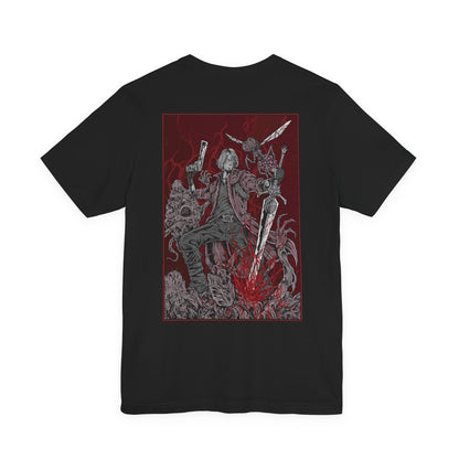 Image 5 of a T-Shirt artwork depicting Dante mid-battle, unleashing a devastating combo with his sword and firearms as demonic energy erupts around him. Crimson light reflects off shattered ground while his expression remains calm and fearless. This design reflects Dante’s mastery of style and combat, blending speed, power, and attitude into one of gaming’s most iconic action heroes.