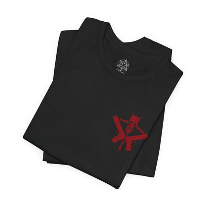 Image 6 of a T-Shirt artwork depicting Dante mid-battle, unleashing a devastating combo with his sword and firearms as demonic energy erupts around him. Crimson light reflects off shattered ground while his expression remains calm and fearless. This design reflects Dante’s mastery of style and combat, blending speed, power, and attitude into one of gaming’s most iconic action heroes.