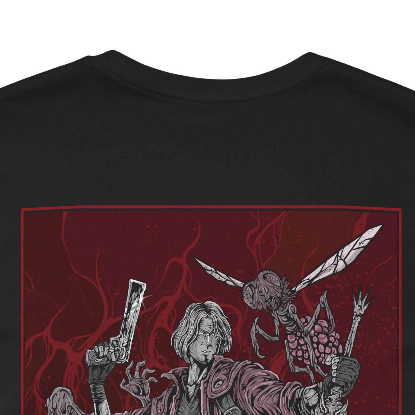 Image 7 of a T-Shirt artwork depicting Dante mid-battle, unleashing a devastating combo with his sword and firearms as demonic energy erupts around him. Crimson light reflects off shattered ground while his expression remains calm and fearless. This design reflects Dante’s mastery of style and combat, blending speed, power, and attitude into one of gaming’s most iconic action heroes.