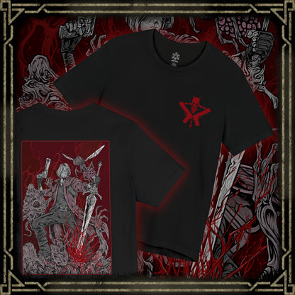 Thumbnail of a T-Shirt artwork depicting Dante mid-battle, unleashing a devastating combo with his sword and firearms as demonic energy erupts around him. Crimson light reflects off shattered ground while his expression remains calm and fearless. This design reflects Dante’s mastery of style and combat, blending speed, power, and attitude into one of gaming’s most iconic action heroes.
