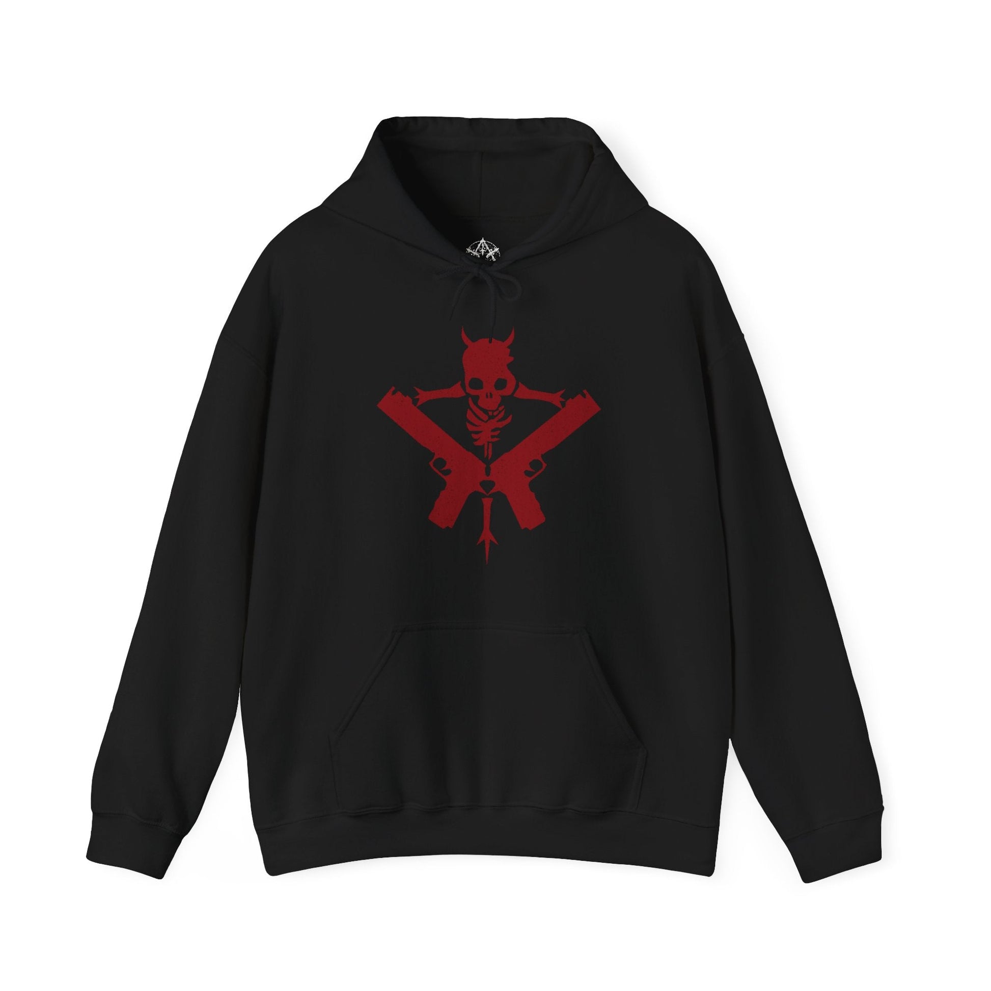 Image 4 of a Hooded Sweatshirt of Dante standing victorious after a brutal fight, his red coat torn as demonic energy fades into the air. Weapons rest at his side while the battlefield lies in ruin behind him. The composition emphasizes resilience, swagger, and the legendary status of a half-demon warrior who thrives in the face of overwhelming odds.
