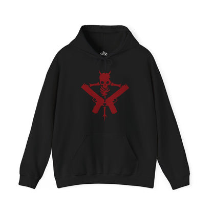 Image 4 of a Hooded Sweatshirt of Dante standing victorious after a brutal fight, his red coat torn as demonic energy fades into the air. Weapons rest at his side while the battlefield lies in ruin behind him. The composition emphasizes resilience, swagger, and the legendary status of a half-demon warrior who thrives in the face of overwhelming odds.