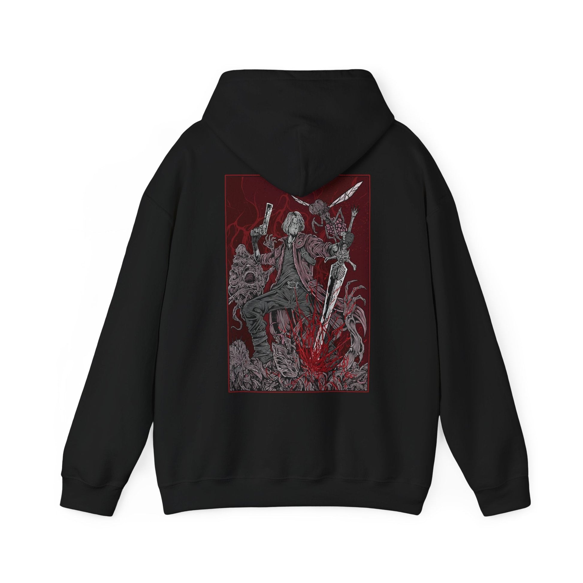 Image 5 of a Hooded Sweatshirt of Dante standing victorious after a brutal fight, his red coat torn as demonic energy fades into the air. Weapons rest at his side while the battlefield lies in ruin behind him. The composition emphasizes resilience, swagger, and the legendary status of a half-demon warrior who thrives in the face of overwhelming odds.
