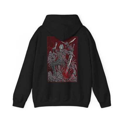 Image 5 of a Hooded Sweatshirt of Dante standing victorious after a brutal fight, his red coat torn as demonic energy fades into the air. Weapons rest at his side while the battlefield lies in ruin behind him. The composition emphasizes resilience, swagger, and the legendary status of a half-demon warrior who thrives in the face of overwhelming odds.