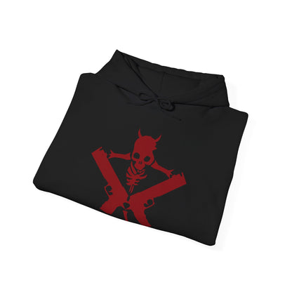 Image 6 of a Hooded Sweatshirt of Dante standing victorious after a brutal fight, his red coat torn as demonic energy fades into the air. Weapons rest at his side while the battlefield lies in ruin behind him. The composition emphasizes resilience, swagger, and the legendary status of a half-demon warrior who thrives in the face of overwhelming odds.