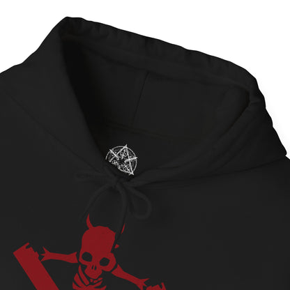 Folded Hooded Sweatshirt of Dante standing victorious after a brutal fight, his red coat torn as demonic energy fades into the air. Weapons rest at his side while the battlefield lies in ruin behind him. The composition emphasizes resilience, swagger, and the legendary status of a half-demon warrior who thrives in the face of overwhelming odds.