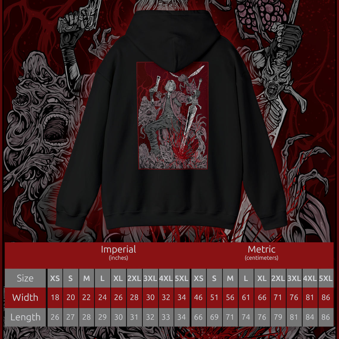 Size chart of a Hooded Sweatshirt of Dante standing victorious after a brutal fight, his red coat torn as demonic energy fades into the air. Weapons rest at his side while the battlefield lies in ruin behind him. The composition emphasizes resilience, swagger, and the legendary status of a half-demon warrior who thrives in the face of overwhelming odds.