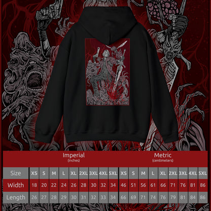 Size chart of a Hooded Sweatshirt of Dante standing victorious after a brutal fight, his red coat torn as demonic energy fades into the air. Weapons rest at his side while the battlefield lies in ruin behind him. The composition emphasizes resilience, swagger, and the legendary status of a half-demon warrior who thrives in the face of overwhelming odds.