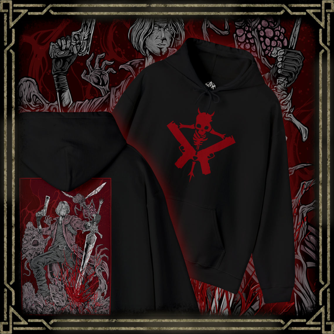Thumbnail of a Hooded Sweatshirt of Dante standing victorious after a brutal fight, his red coat torn as demonic energy fades into the air. Weapons rest at his side while the battlefield lies in ruin behind him. The composition emphasizes resilience, swagger, and the legendary status of a half-demon warrior who thrives in the face of overwhelming odds.