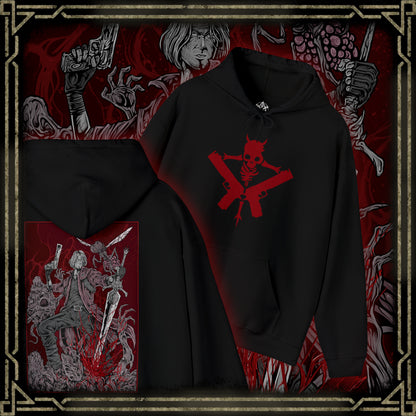 Thumbnail of a Hooded Sweatshirt of Dante standing victorious after a brutal fight, his red coat torn as demonic energy fades into the air. Weapons rest at his side while the battlefield lies in ruin behind him. The composition emphasizes resilience, swagger, and the legendary status of a half-demon warrior who thrives in the face of overwhelming odds.