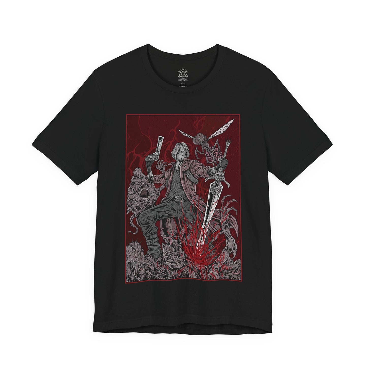 Image 4 of a T-Shirt design of Dante from Devil May Cry 5, standing amid a storm of demonic energy with Rebellion in hand and Ebony & Ivory at the ready. His iconic red coat flows through the chaos as embers and hellish power surround him. The design captures Dante’s cocky confidence, unmatched combat skill, and relentless role as a demon hunter facing the forces of the underworld.